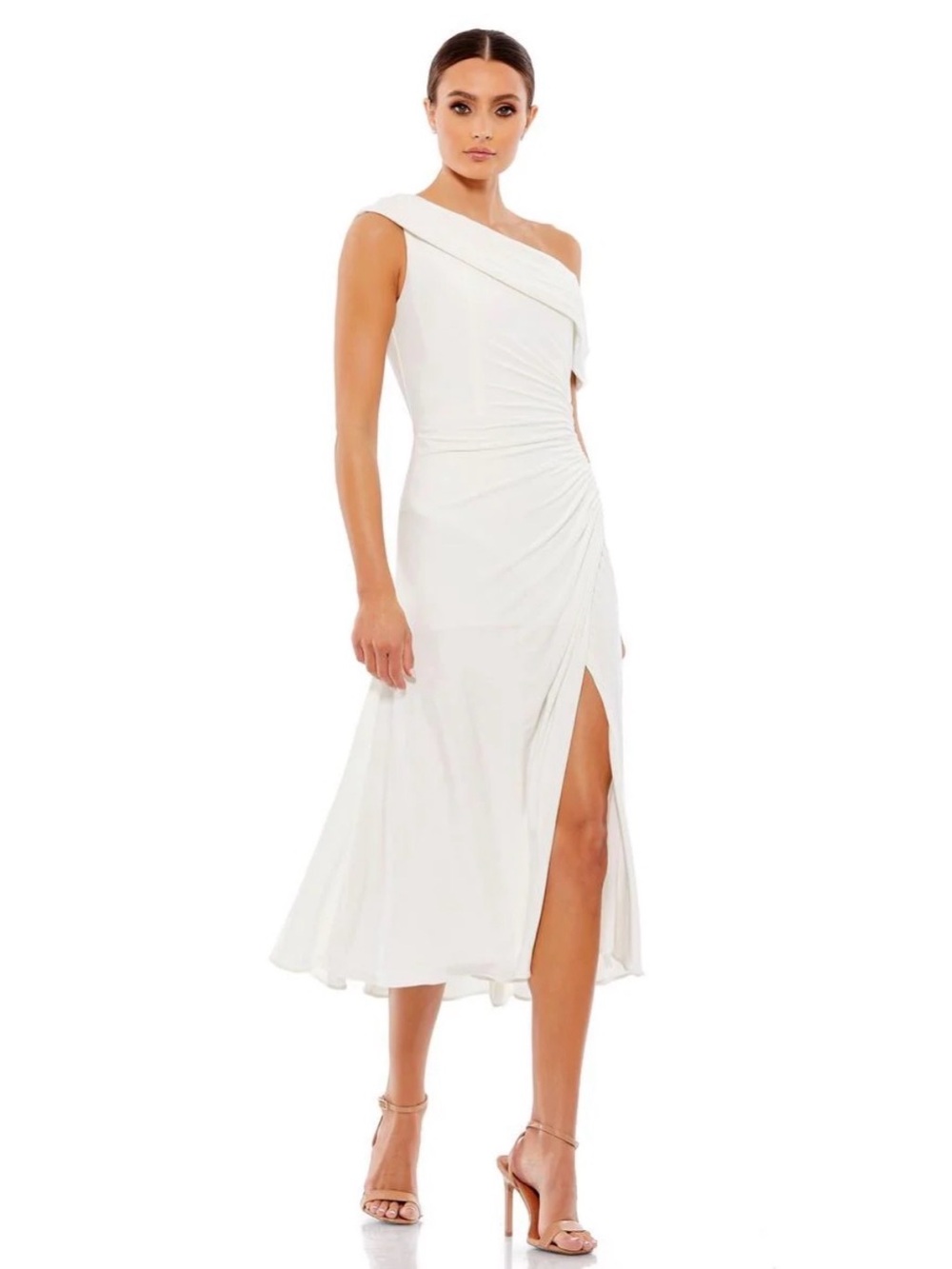 Ieena for Mac Duggal 26484 White Off Shoulder Midi Dress Sz 8 | NWT w/ Flaw